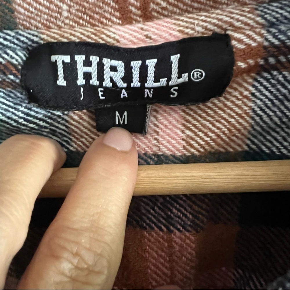 THRILL Plaid Flannel Shacket Fringe Hem Women’s M Grunge Boho Western Southwest - Picture 3 of 5